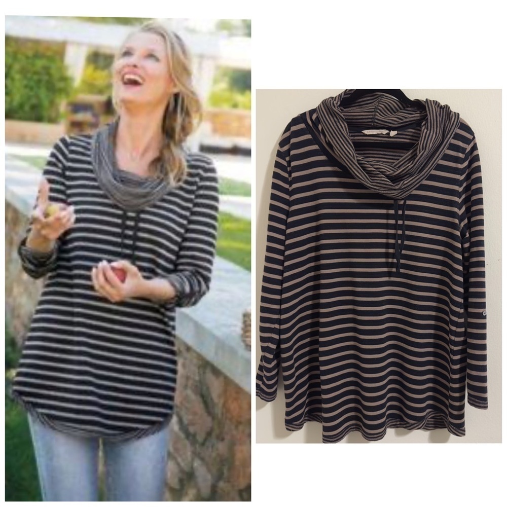 Soft Surroundings Size XL Black Tan Stripe Long Sleeve Cowl Neck Sweater